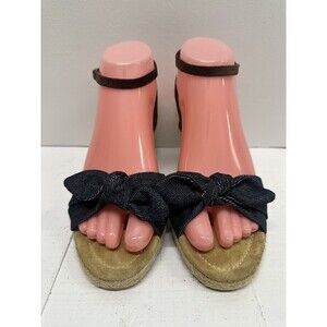 J. CREW women size 7 navy/brown denim bow & ankle strap buckle espadrille sandal